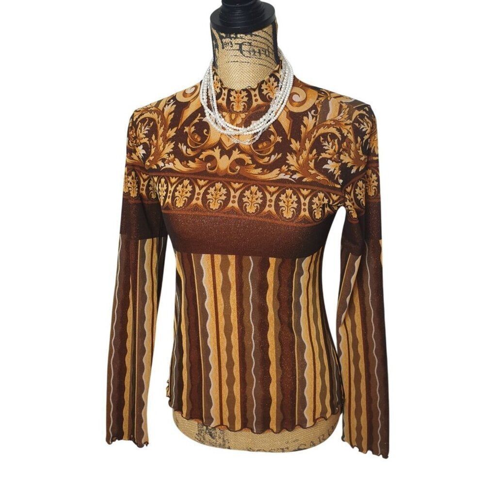 Vintage ANAC Women Long Sleeve Baroque Print Top M Brown & Gold Striped